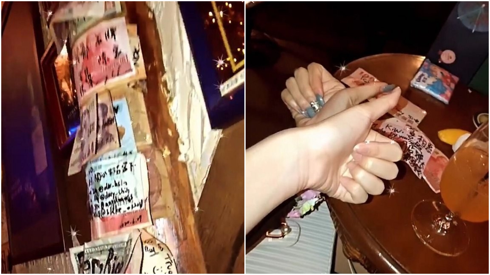 網友發現,兩名網紅所在之夜店的柱子上,還貼滿了其他同樣遭到塗鴉的紙鈔。(翻攝自Dcard)