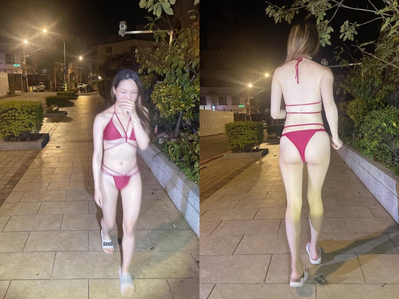 一名網友在地震當下遇到比基尼辣妹被嚇到從家裡往外衝。（翻攝自爆廢1公社）