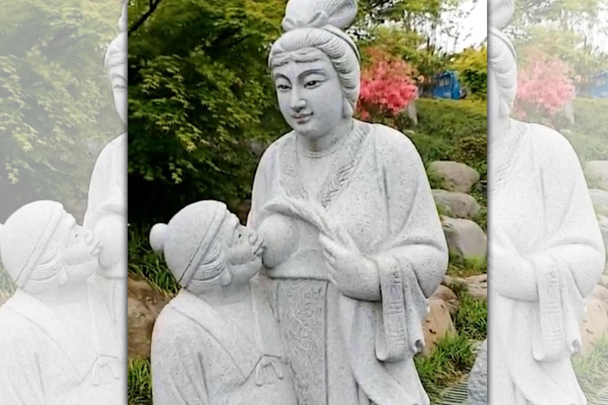 浙江湖州營盤山景區一座「乳姑不怠」雕像引發爭議。(翻攝微博)