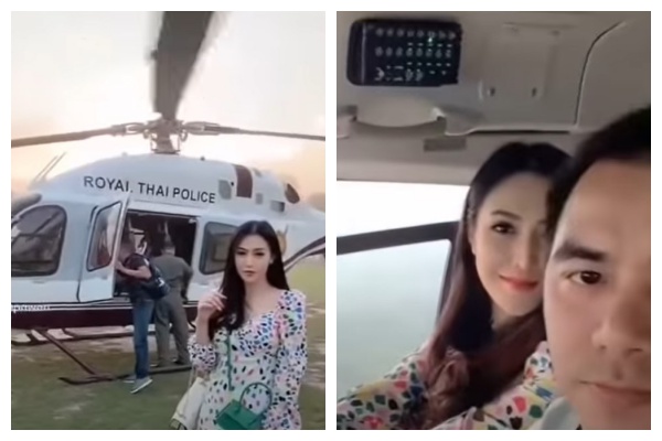 泰國警官耶科(右)濫用特權,讓妻子搭乘警用直升機,現已被降職及調離原單位。(翻攝自Leopard_Sept的推特)