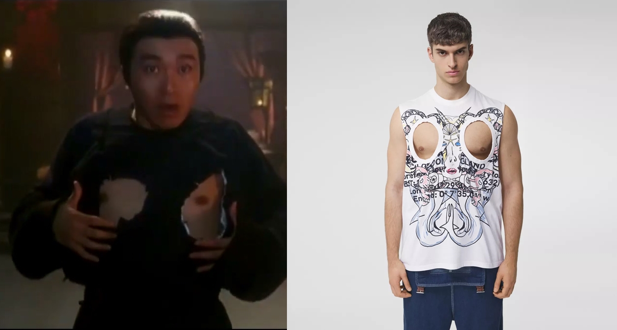 Burberry的2021春夏男裝有一款挖胸設計的T恤，網友馬上想到周星馳在1992年電影《鹿鼎記》的「抓奶龍爪手」。（左圖翻攝自youtube、右圖翻攝Burberry官網）