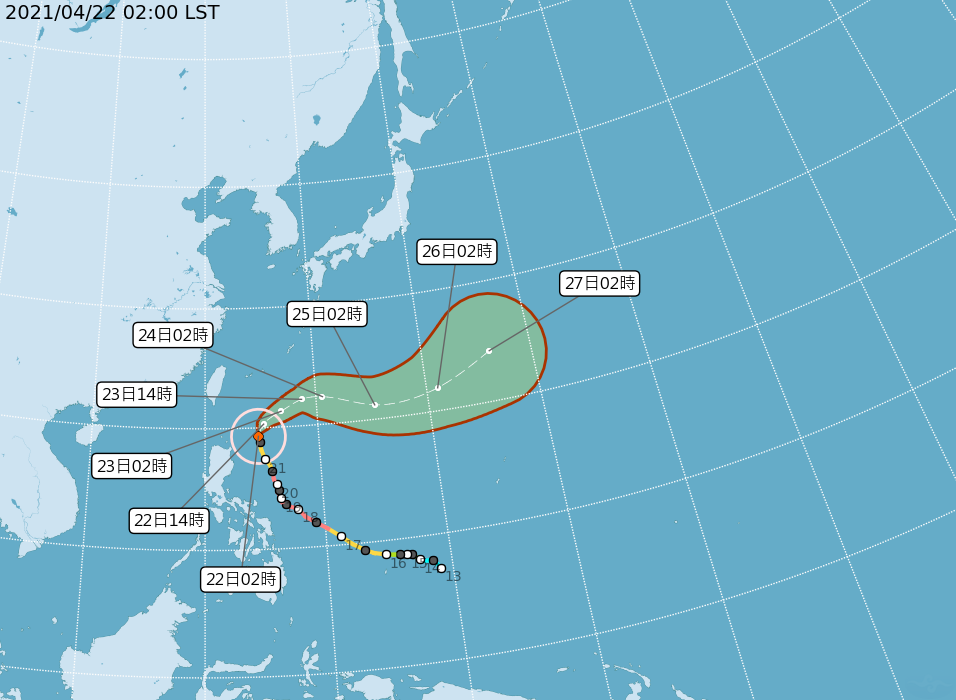 中度颱風「舒力基」今天最接近台灣，之後將逐漸轉向遠離。（翻攝自中央氣象局官網）