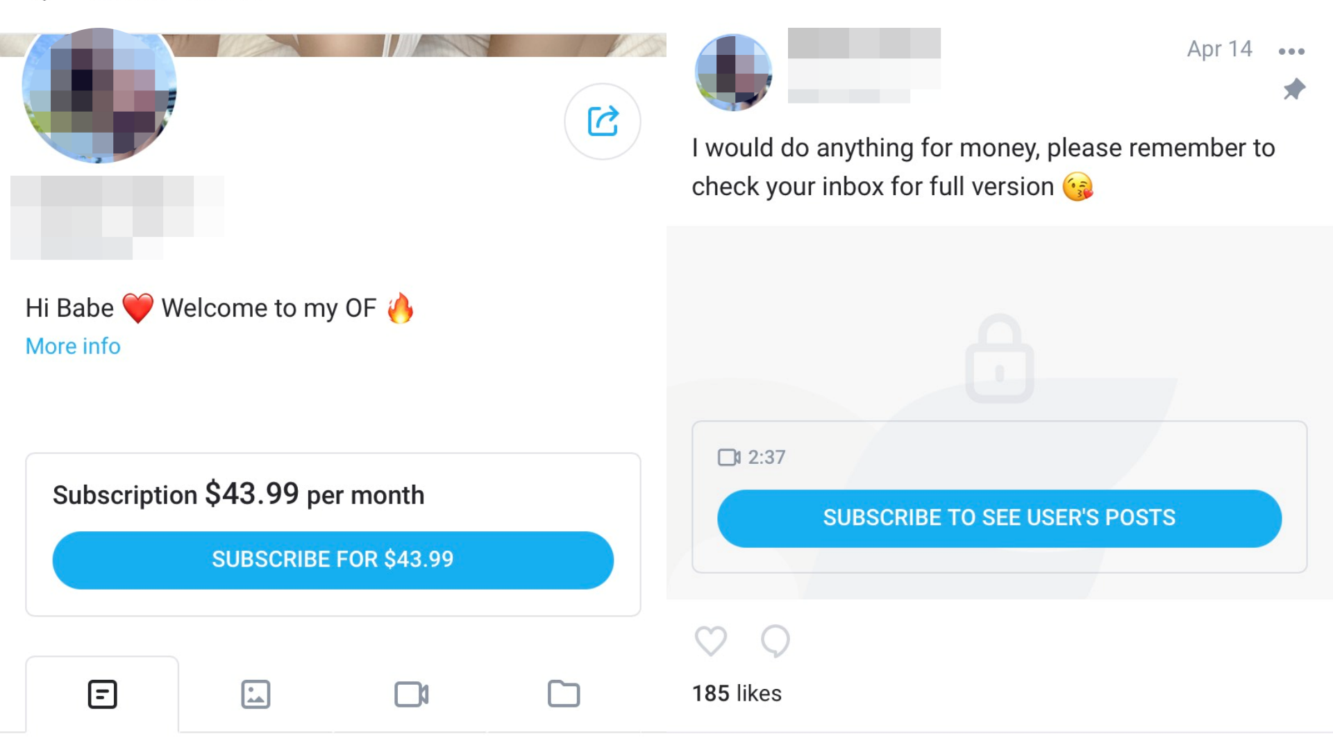 OnlyFans需支付訂閱費才能解鎖照片、影片等內容。（翻攝自OnlyFans）