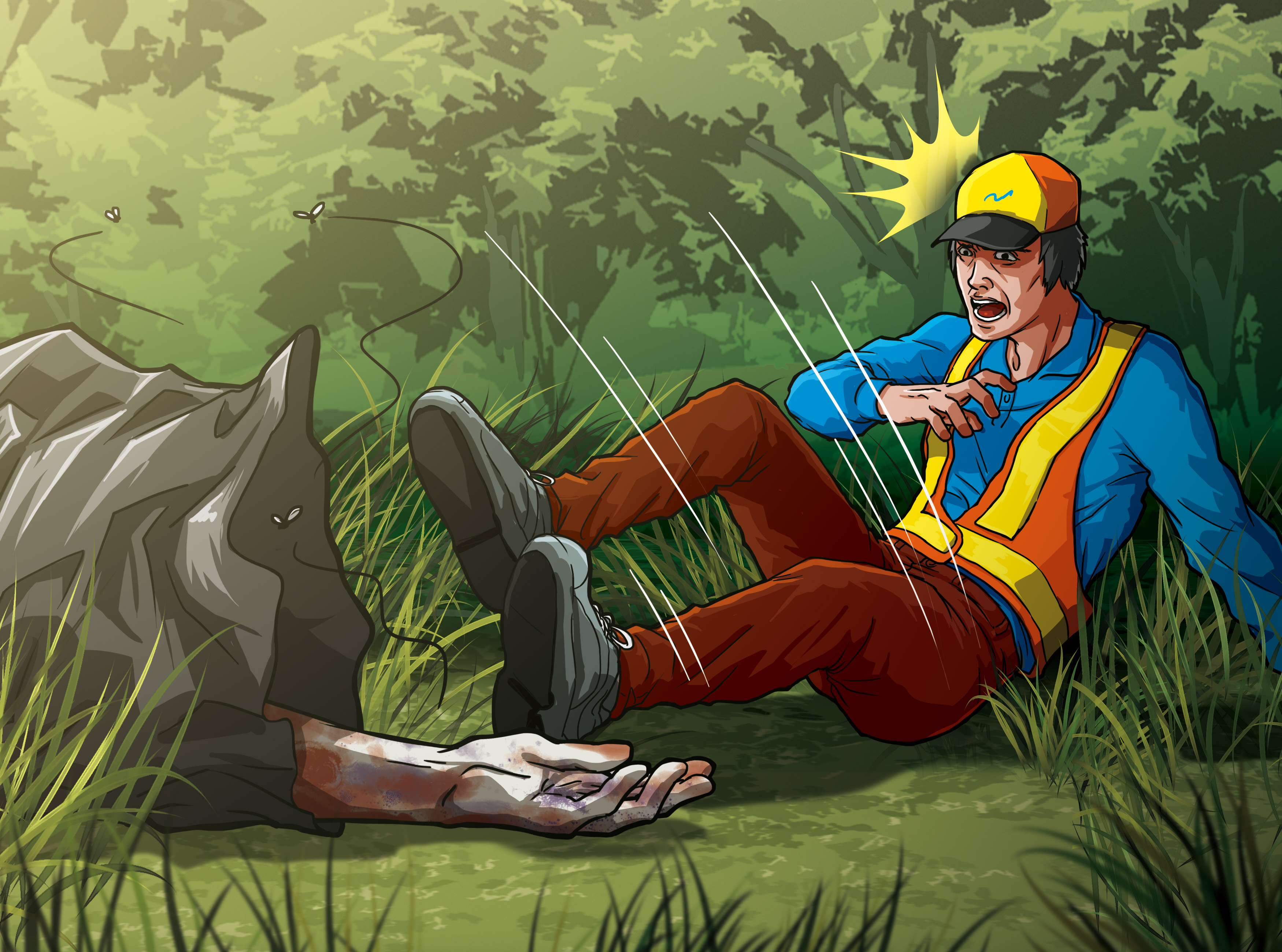 清潔隊員在草叢中發現被分屍的死者手臂，嚇得跌坐在地。