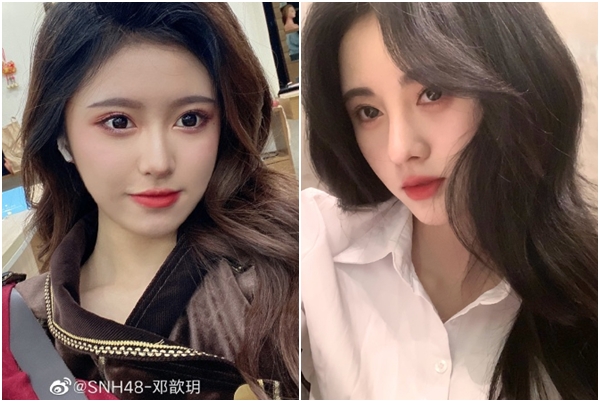 SNH48成員鄧歆玥（左）與鞠婧禕（右）相似臉蛋引起話題。（翻攝自鄧歆玥、鞠婧禕微博）