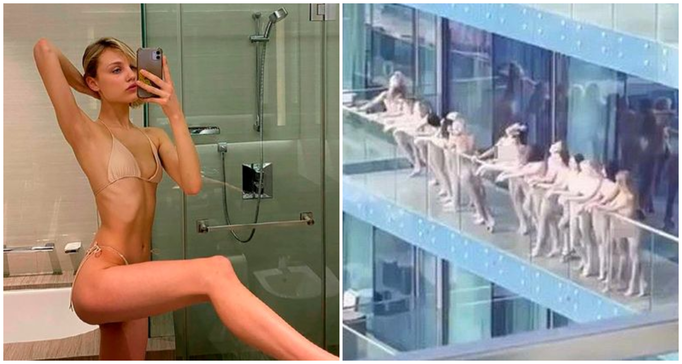 一群妙齡女子月初在杜拜某高樓陽台上一絲不掛拍裸照被捕（右圖），塔蘭（左圖）是最後一個被放出來的涉事者。（翻攝《每日鏡報》）