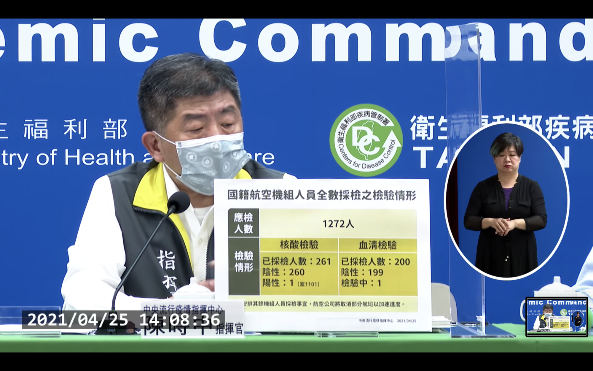 指揮中心指揮官陳時中說明台灣疫情現況。(翻攝自衛生福利部疾病管制署YouTube頻道)