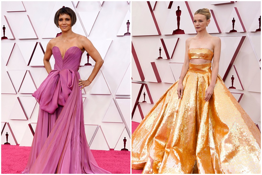 已54歲的荷莉貝瑞（左圖）身材依舊火辣。凱莉墨里根（右圖）選穿金色戰袍，展現得獎企圖心。（東方IC）