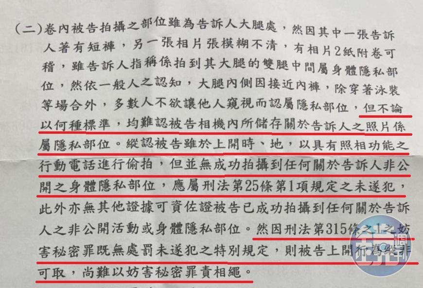 雖然檢方認定林偉華有偷拍舉動,但因沒拍到內褲等隱私處,且妨害秘密罪不處罰未遂犯,因此予以不起訴處分。(讀者提供)