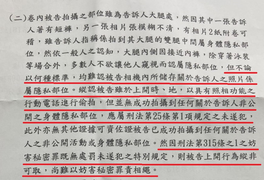 雖然檢方認定林偉華有偷拍舉動，但因沒拍到內褲等隱私處，且妨害秘密罪不處罰未遂犯，因此予以不起訴處分。（讀者提供）