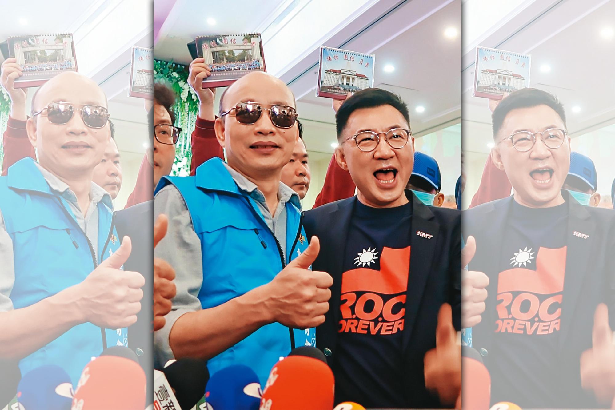 藍營內力拱韓國瑜(左)出馬角逐黨魁的聲浪不斷,韓日前出席陸官專修班成立大會,人氣比黨主席江啟臣(右)還旺。(聯合知識庫)