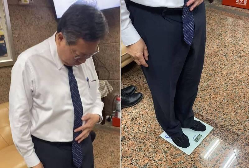 鄭文燦上月底站上體重機竟只有78.2公斤，讓在旁見證的蔡英文神回覆「這個磅秤多久了」。（翻攝自蔡易餘臉書）