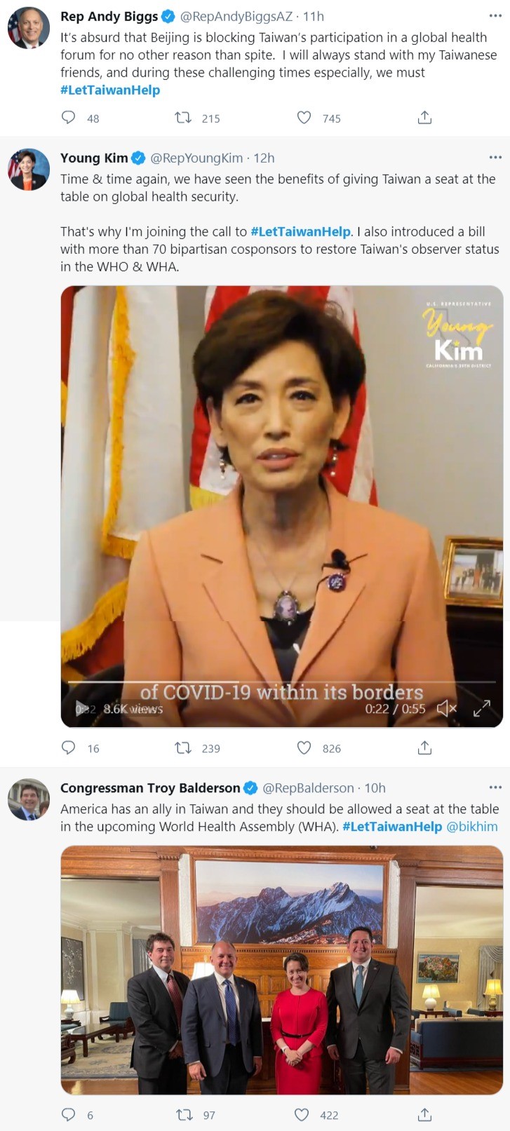 美國國會議員發起「#LetTaiwanHelp」標籤。(翻攝推特)
