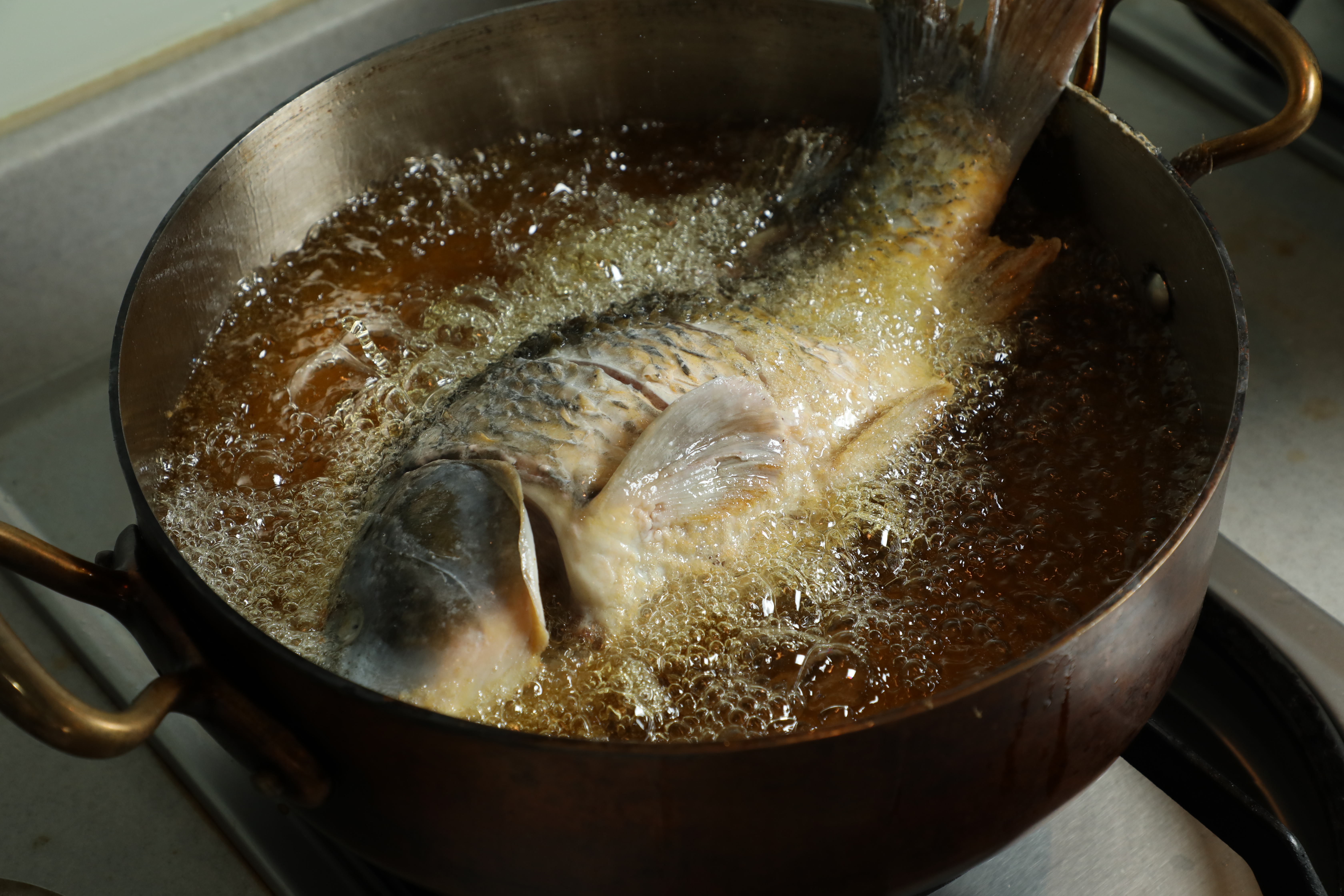 入油鍋炸整尾魚，肥美的鯉魚肚中有卵，要擦乾水份，不然會爆油。