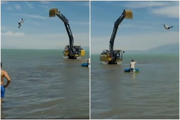 傑夫在挖土機吊臂上轉圈，充當「人肉鐘擺」。（翻攝自《太陽報》）