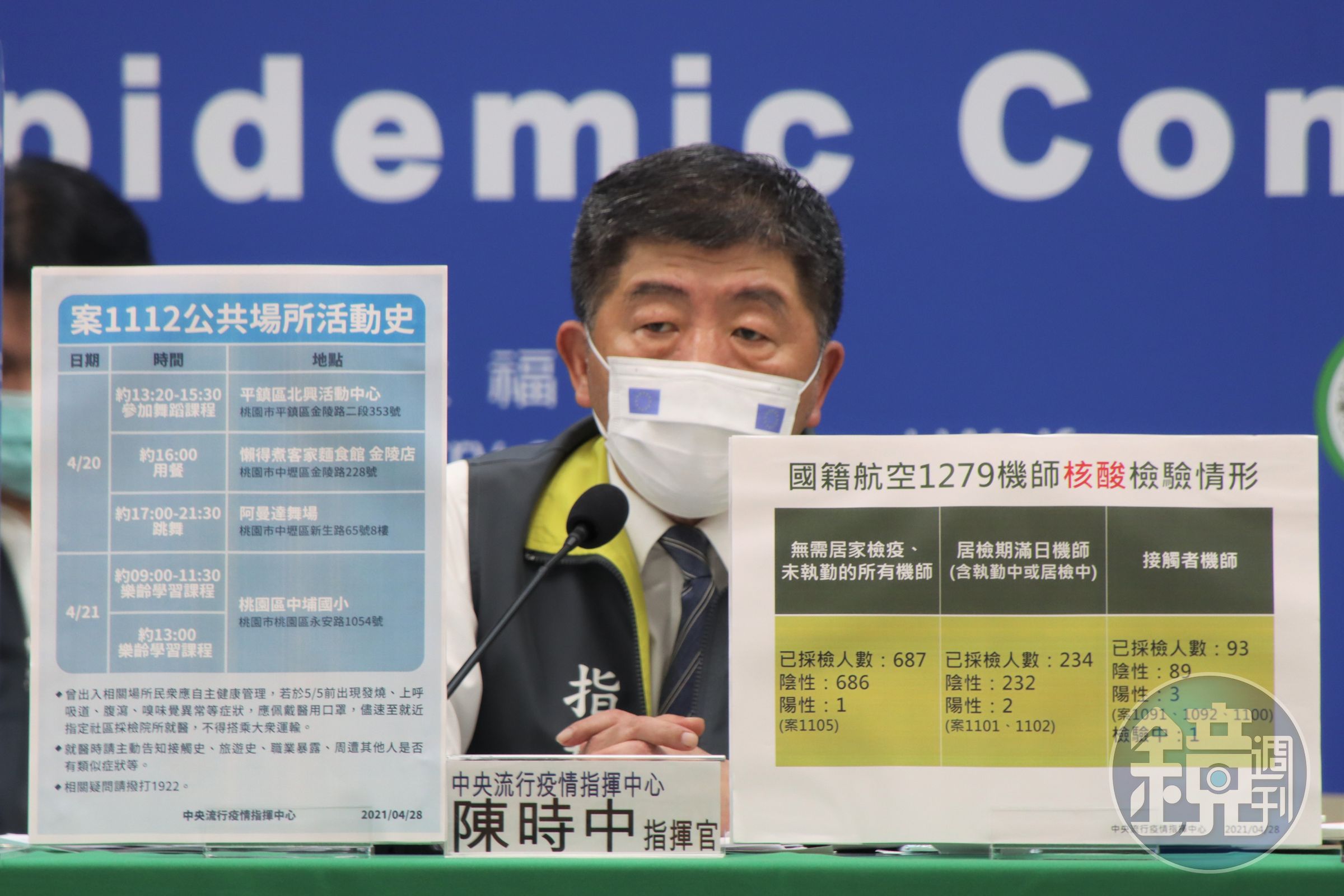 陳時中指出，除了在澳洲染疫機師有與同事1091有接觸以外，其他染疫機師個案未發現有關聯性，不排除是機師飛到外站各別染疫。（指揮中心提供）