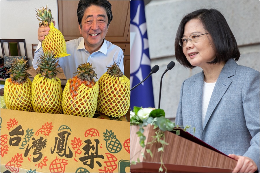 前日本首相安倍晉三（左）於臉書貼出挺台灣鳳梨照片，總統蔡英文（右）也友善回應。（翻攝安倍晉三臉書，本刊資料照）
