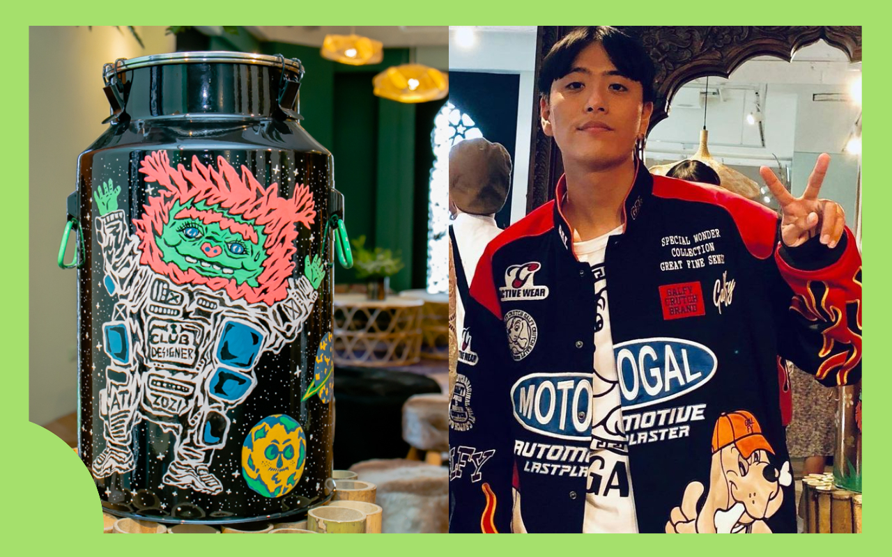 陳泰樺（右圖）創作的「春茶敘」茶罐，以自創角色「快樂美帝」為主角（左圖），NT28,000。（Club Designer提供、翻攝自陳泰樺IG）