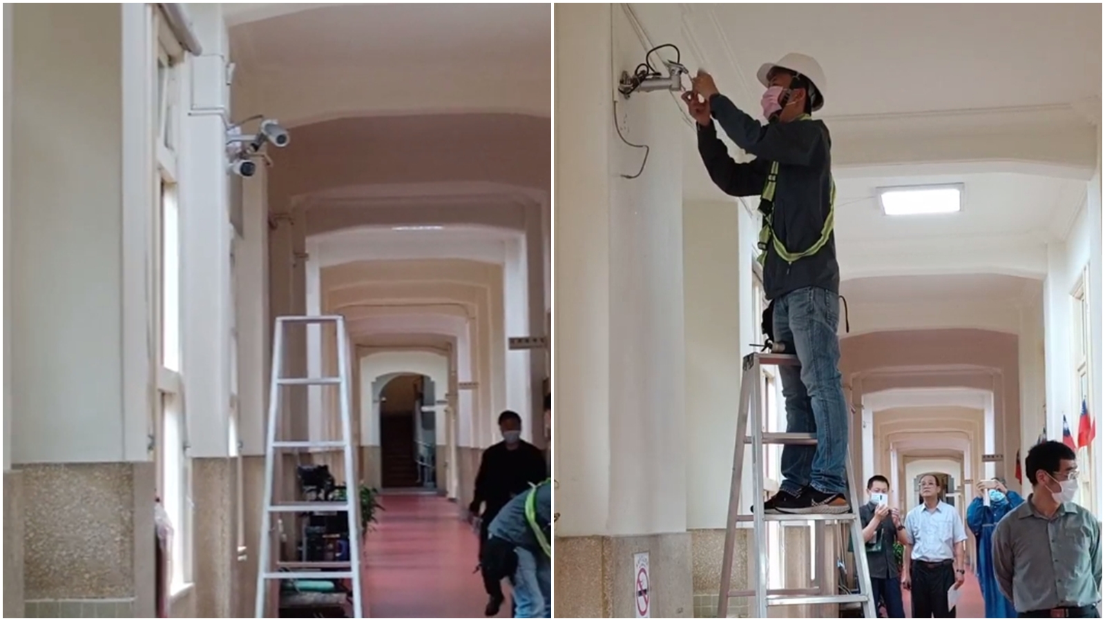 立法院總務處下午前往拆除國民黨團辦公室前的監視器。（翻攝自國民黨立法院黨團臉書）