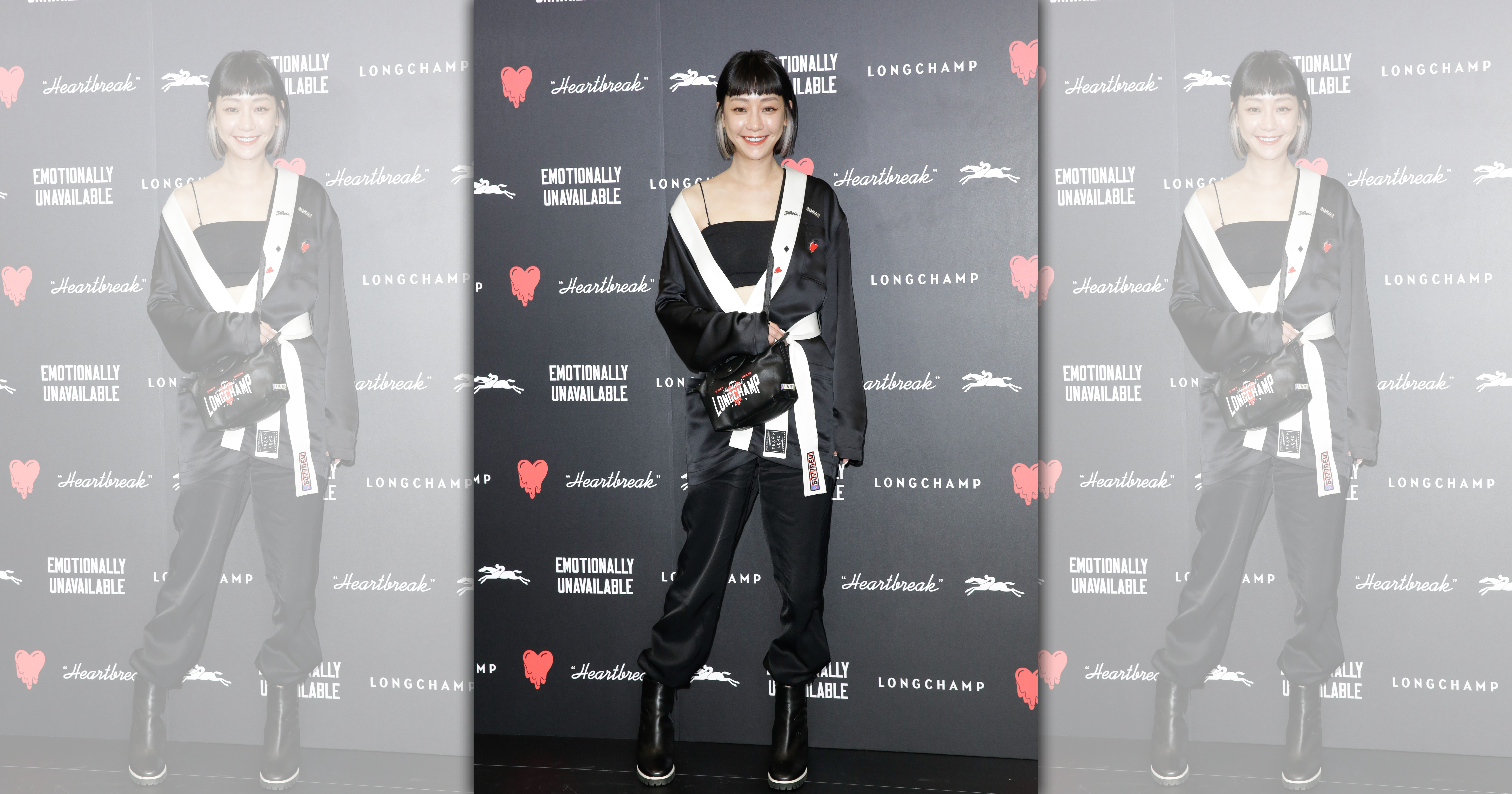 謝欣穎穿著LONGCHAMP和服式上衣NT$11,900、棉質長褲NT$14,200、踝靴NT$25,800、迷你手提包NT$17,800。