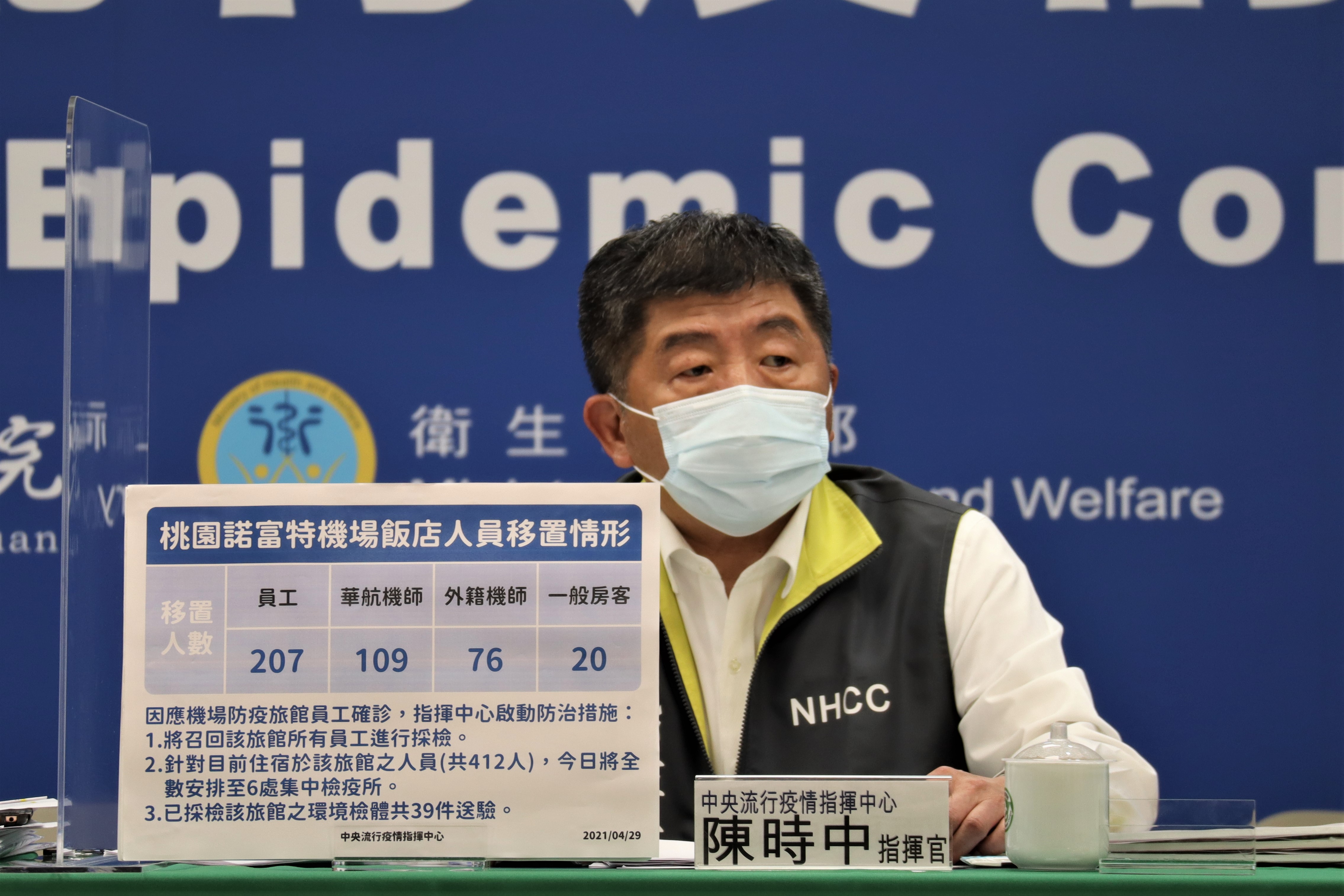 中央流行疫情指揮中心指揮官陳時中今表示新增2例本土案例，並有1例機師調查中。（指揮中心提供）