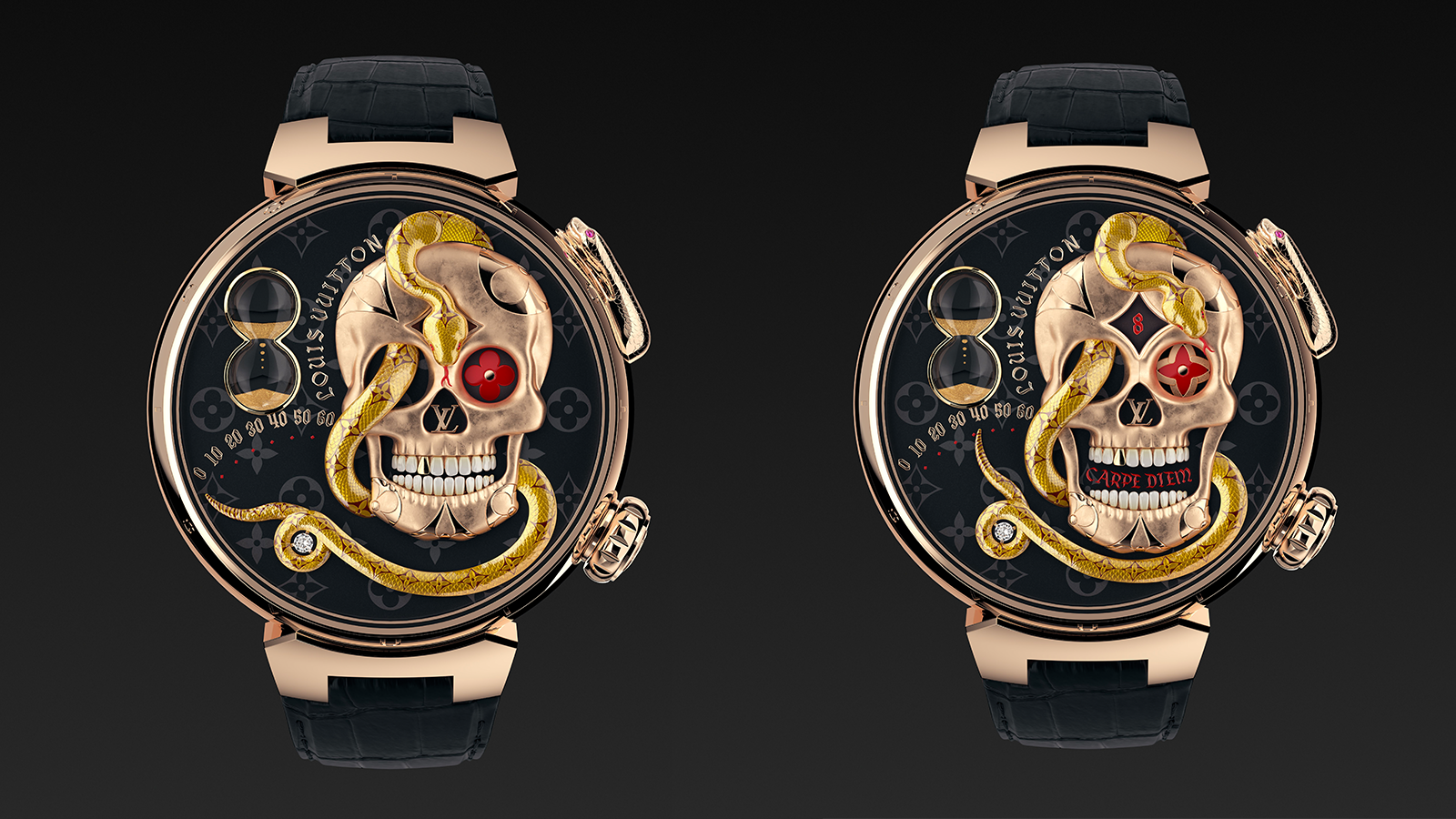 Tambour Carpe Diem｜錶徑46.8mm／18K玫瑰金材質／LV525手上鏈機芯／跳時、逆跳分鐘、動力儲存指示／動力儲存100小時／防水30米／建議售價NT$ 15,650,000