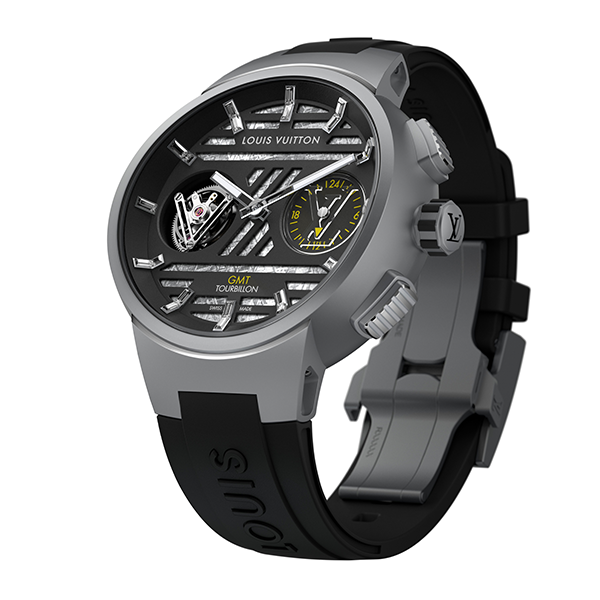 Tambour Curve GMT Flying Tourbillon｜錶徑46mm／鈦金屬材質／LV82自動上鏈機芯／時分指示、飛行陀飛輪、第二地時間指示／時標鑲鑽／防水50米／價格店洽
