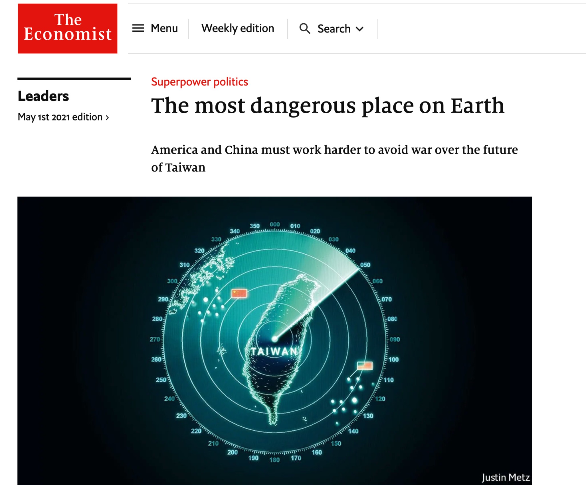 台灣登上《經濟學人》雜誌封面,被指「地表最危險之地」。(翻攝The Economist網站)