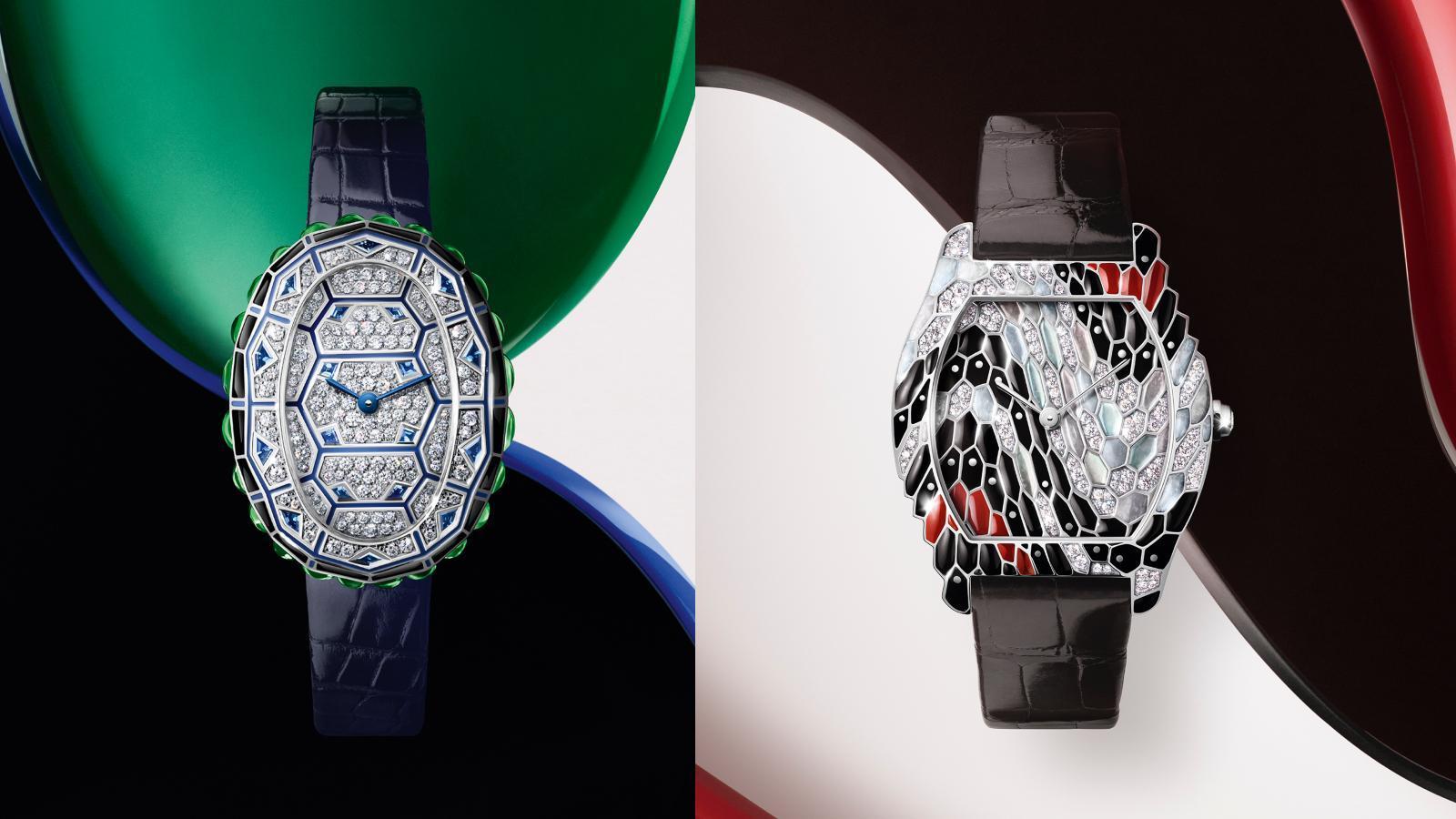  （左）CARTIER Baignoire Turtle｜錶徑32.39 x 25.47mm／18K白金材質／石英機芯／時、分指示／錶殼、錶盤及錶釦鑲嵌171顆圓形明亮式切割鑽石（0.74克拉)、18顆藍寶石和24顆沙弗萊石／限量30只／建議售價NT$ 2,480,000 （右）CARTIER Libre Tortue Snake｜錶徑31 x 39mm／18K白金材質／430 MC手上鏈機芯／時、分指示／錶殼、錶盤及錶釦鑲嵌130顆圓形明亮式切割鑽石（0.72克拉）和藍色及白色珍珠母貝／限量30只／建議售價NT$ 2,250,000