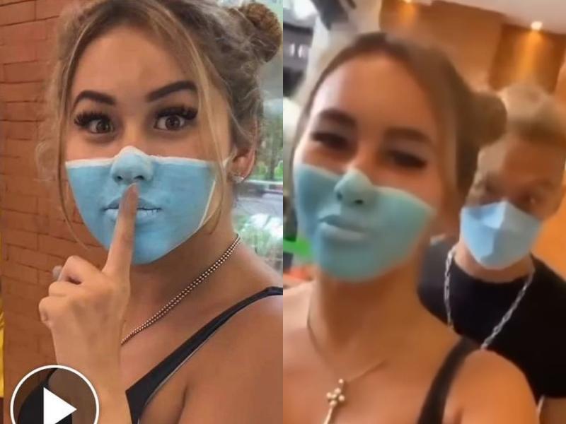 來自台灣的百萬YouTuber把口罩「畫」在女友臉上,2人還以此大逛印尼超市。(翻攝自IG)