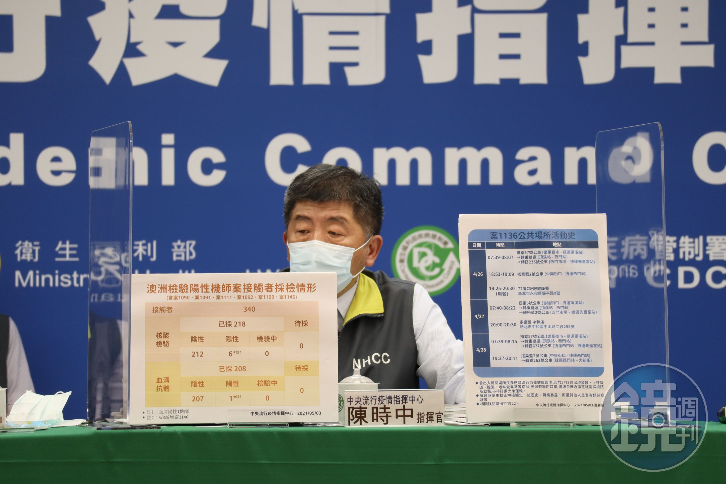 指揮官陳時中表示，目前針對新北與桃園小學及相關確診者、華航擴大採檢並未發現新的狀況。（指揮中心提供）