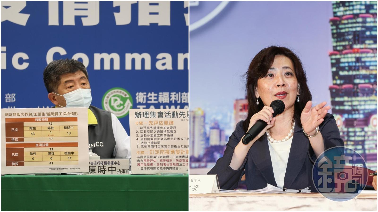 陳時中(左)宣布外國人有印度旅遊史者暫緩入境,外交部發言人歐江安(右)指出,據駐印度代表處評估目前無撤僑必要。(指揮中心提供、本刊資料照)
