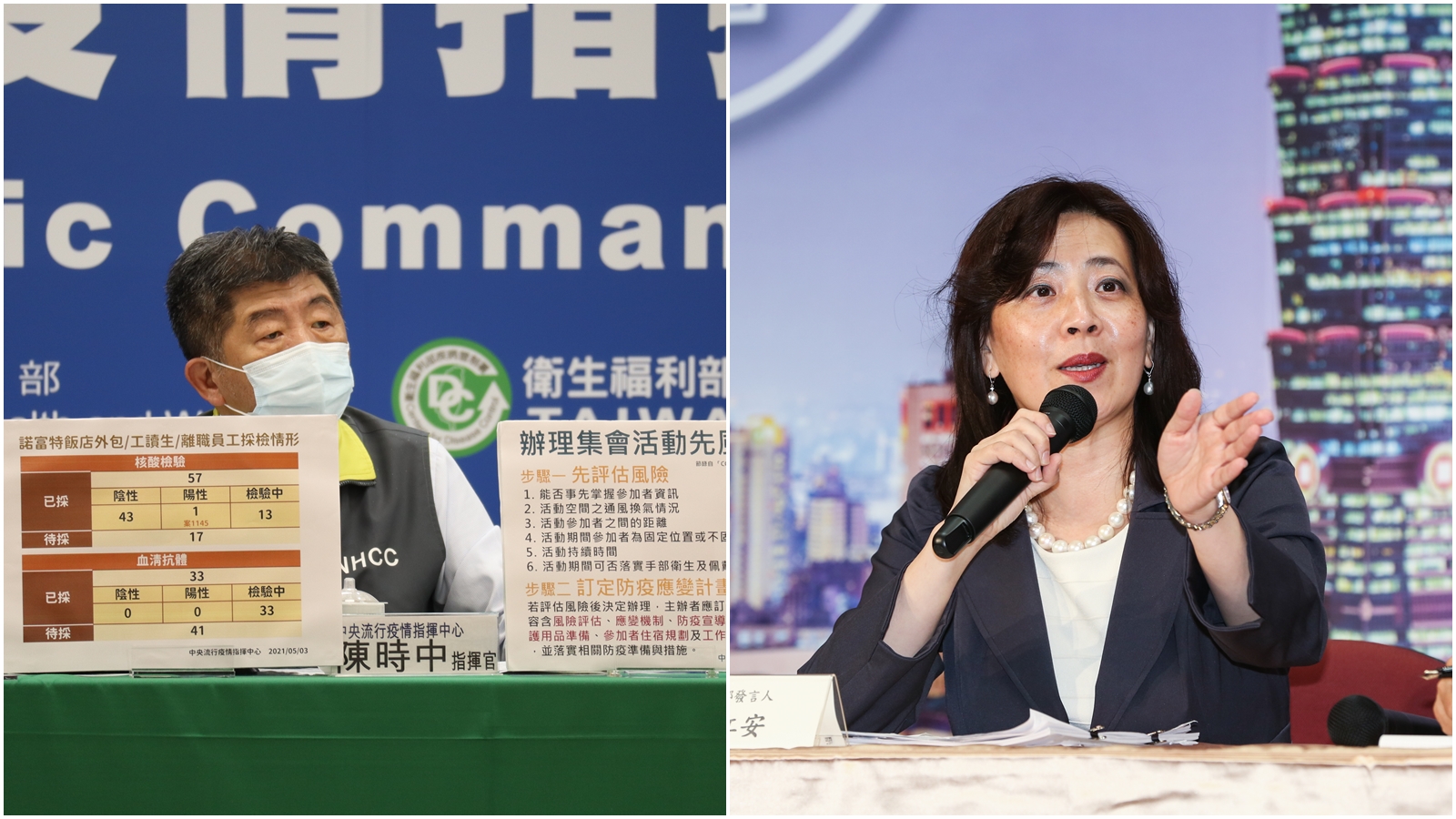 陳時中（左）宣布外國人有印度旅遊史者暫緩入境，外交部發言人歐江安（右）指出，據駐印度代表處評估目前無撤僑必要。（指揮中心提供、本刊資料照）