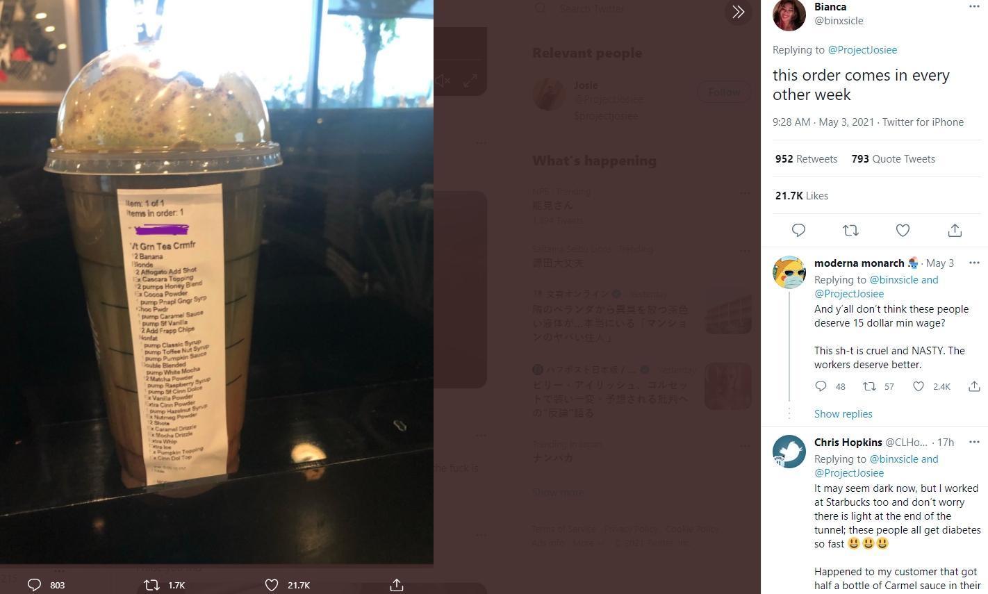 網友Bianca貼出她收到超過30項客製化要求的抹茶星冰樂吐苦水。(翻攝@ProjectJosiee推特)