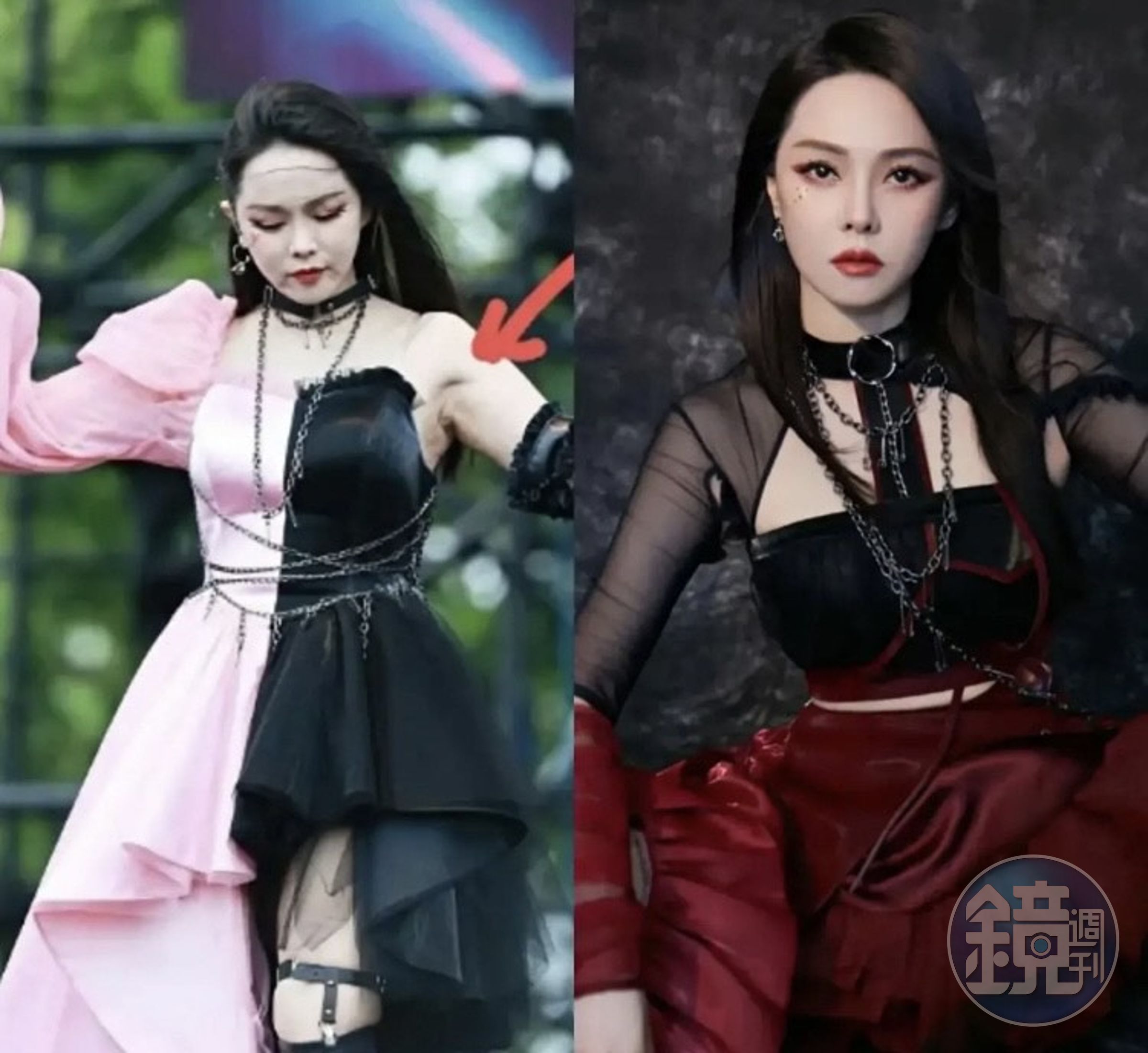 有網友指出伊能靜的「腋下皮膚」，和先前美照大不同。（翻攝自微博）