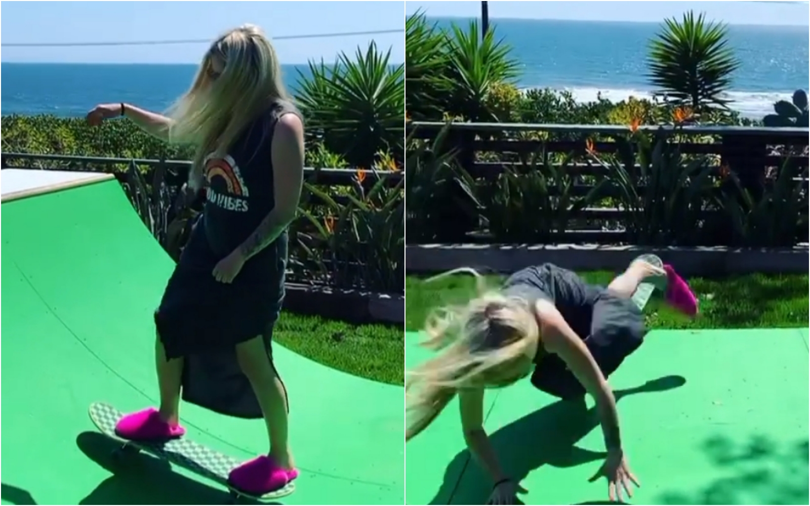 艾薇兒一身輕便的裝扮玩滑板，不幸跌個狗吃屎。（翻攝自Avril Lavigne Instagram）