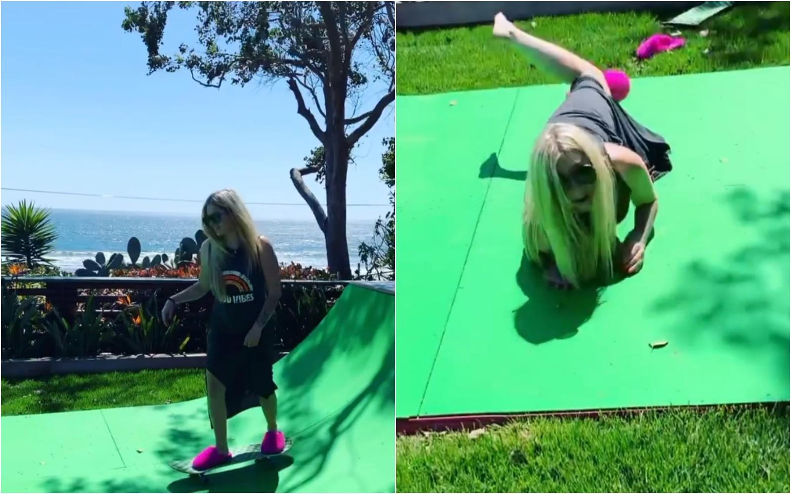 艾薇兒一身輕便的裝扮玩滑板,不幸跌個狗吃屎。(翻攝自Avril Lavigne Instagram)