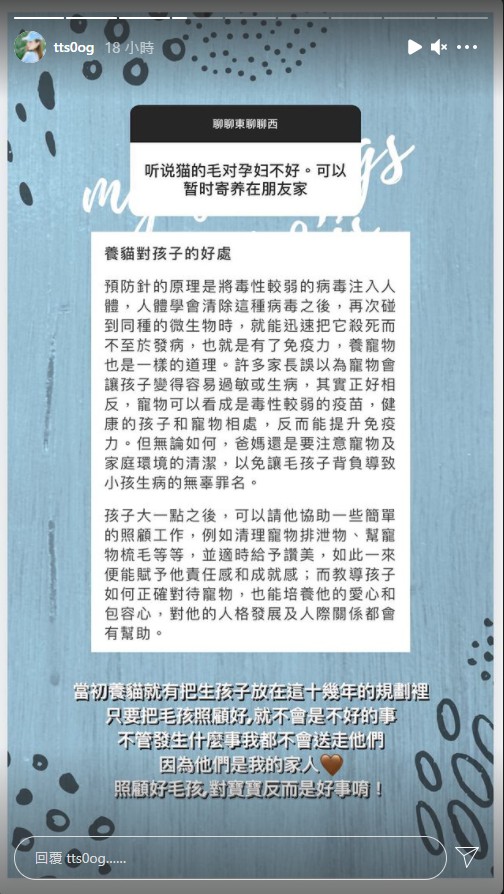 有粉絲勸陳天仁可以將貓咪寄養在朋友家,陳天仁公開回應了。(翻攝自tts0og IG)