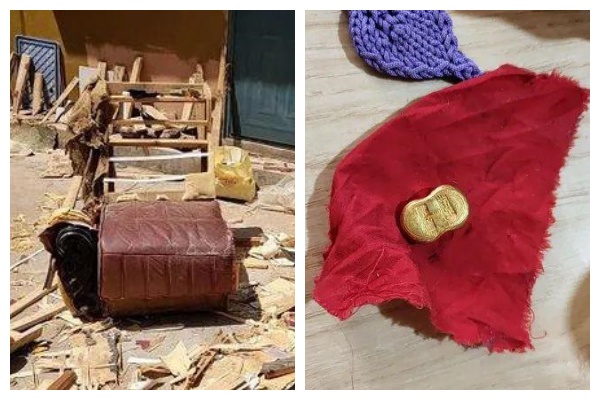 男子撿破沙發回家，劈開後竟有現金與金塊。（翻攝自微博）