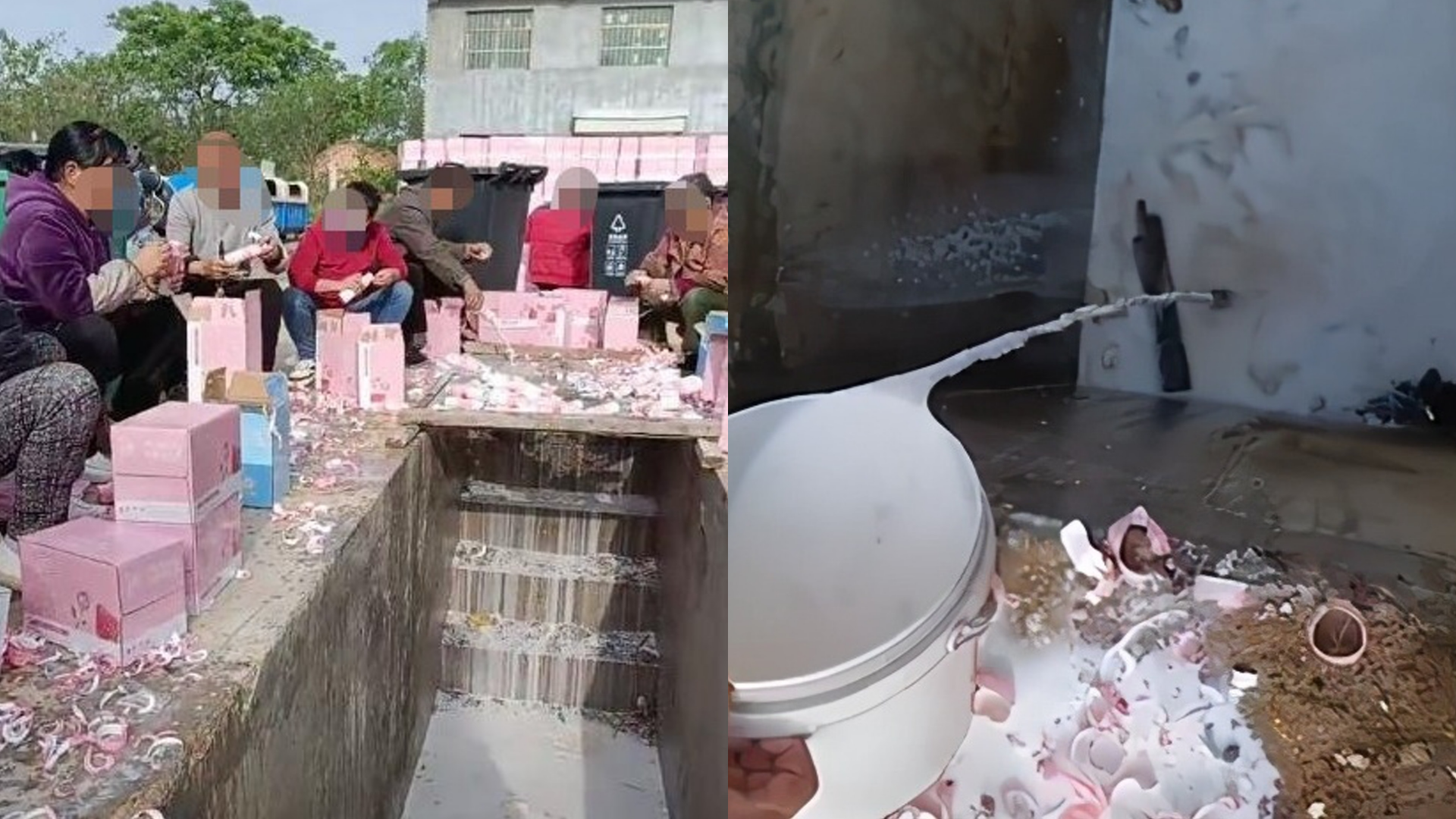 民眾為《青春有你3》偶像投票，大量掃購牛奶卻不喝倒進水溝。（翻攝自微博）