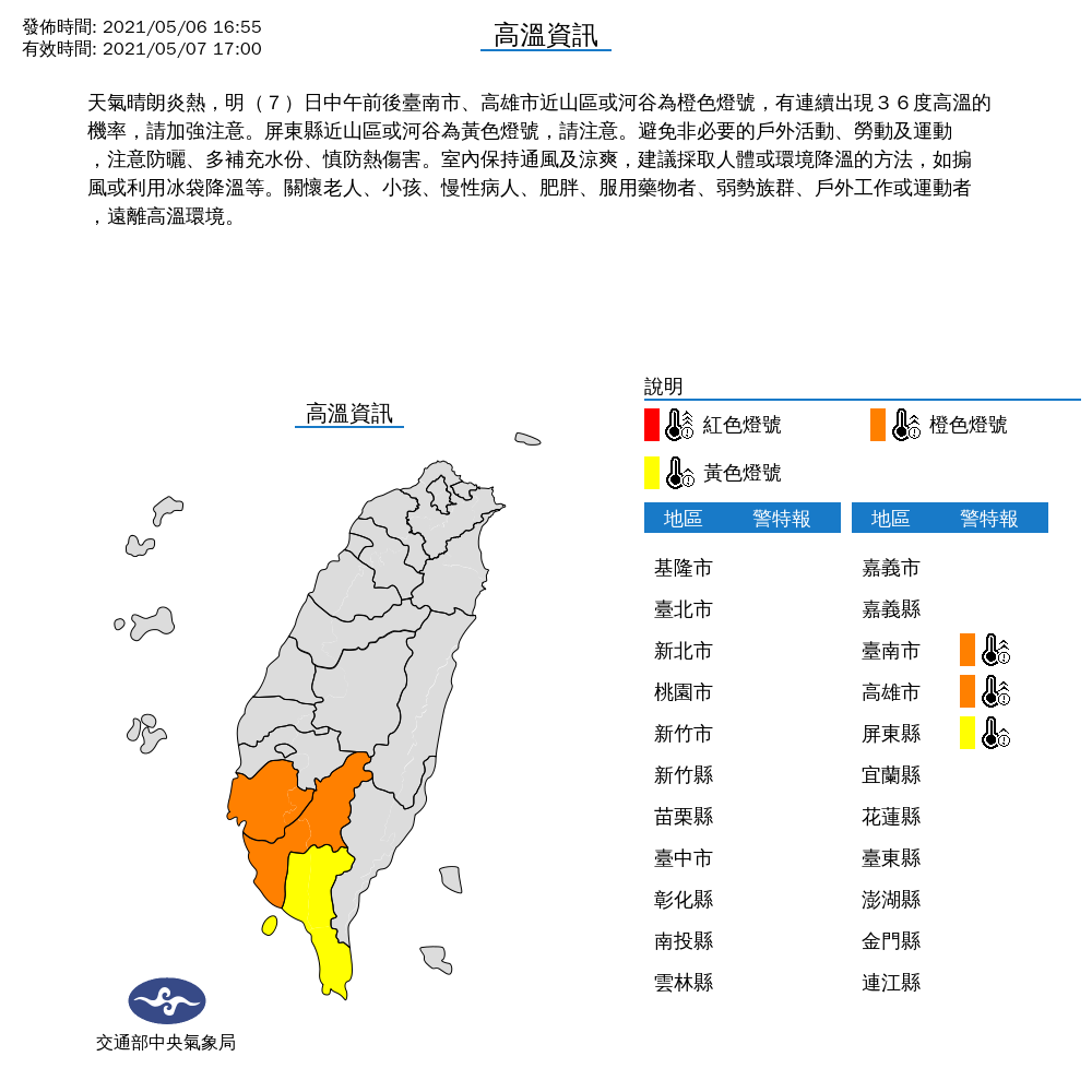 氣象局針對全台3縣市發布高溫警示，提醒民眾注意防曬、多補充水份、慎防熱傷害。（中央氣象局提供）