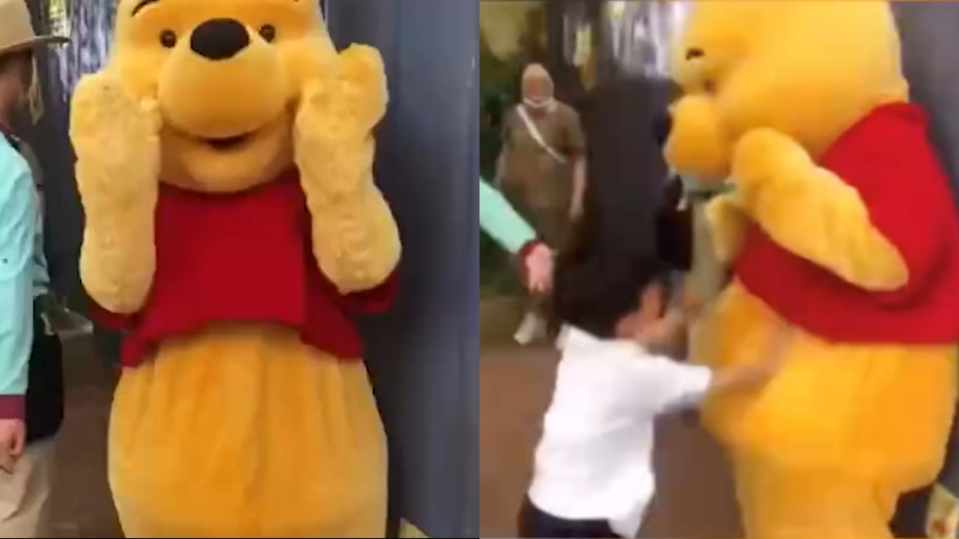 上海迪士尼員工扮成小熊維尼，遭孩童出拳毆打肚子。（翻攝自微博）