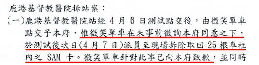 彰縣府會議紀錄披露,微笑單車未經縣府同意即拆走SAM卡並因此向縣府致歉。(讀者提供)