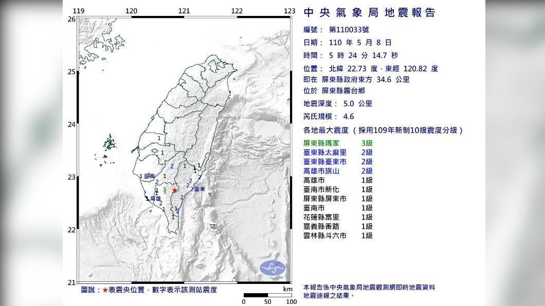 屏東今清晨發生規模4.6地震。（氣象局提供）