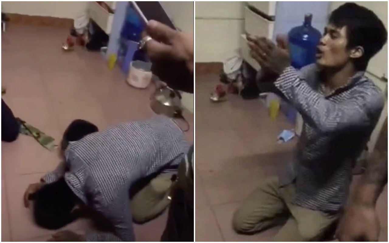 越南一名人夫下跪問房東妻子偷吃真相。（翻攝自 sinhle1068 tiktok）