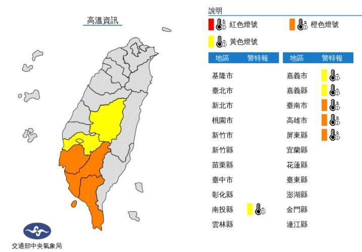 中央氣象局針對6縣市發布黃、橙色高溫警報。(翻攝自中央氣象局官網)