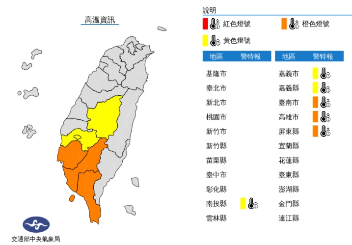 中央氣象局針對6縣市發布黃、橙色高溫警報。（翻攝自中央氣象局官網）