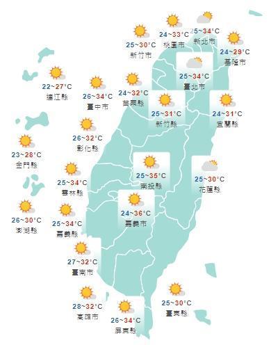 全台今日白天天氣一覽。(翻攝自中央氣象局官網)