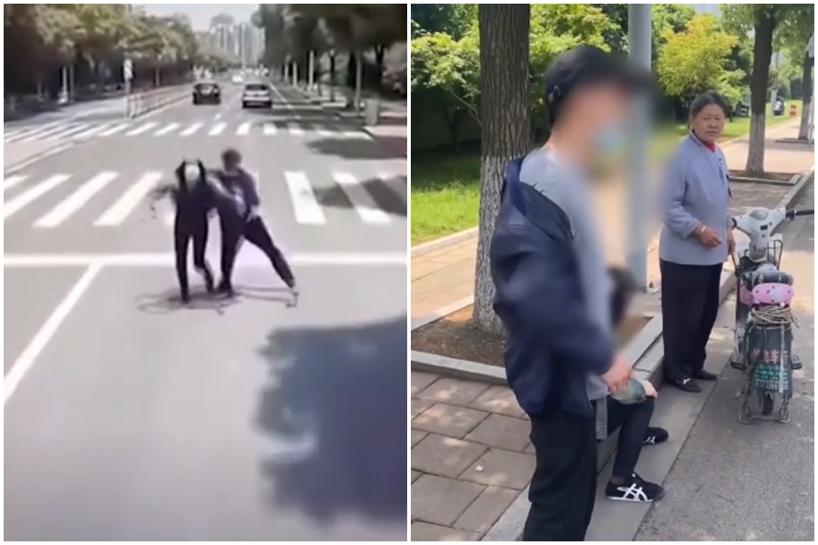 男子突將女子往駛來的公車推去，全被行車紀錄器拍下。（左圖翻攝自熱點聚焦YouTube頻道、右圖翻攝自Vista看天下微博）