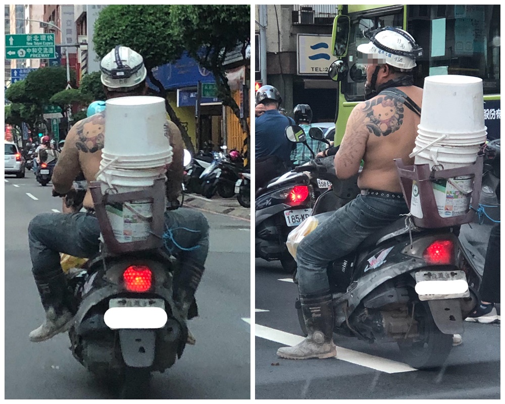 原PO在路上發現一名體格壯碩男子，竟背刺凱蒂貓，讓他打趣地笑稱對方是「愛貓人士」。（翻攝自「路上觀察學家」臉書）